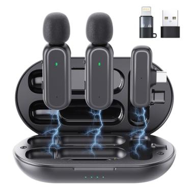 Imagem de Pacote com 2 microfones de lapela sem fio para iPhone, iPad, Android, PC, com capa de carregamento, microfone de lapela com clipe de redução de ruído para gravação de vídeo, vlogging, YouTube