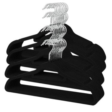 Imagem de Kit 40 Cabide Infantil de Veludo Antideslizante Slim Ultrafino para Roupa Calça Camiseta de Bebe (Preto)