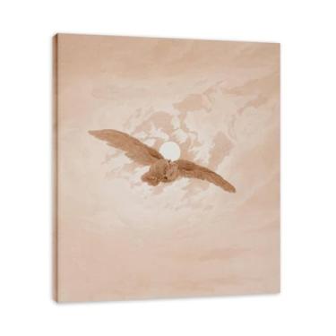 Imagem de NHLDZYH Quadro romântico. (Coruja voando contra um céu iluminado pela lua) de Caspar David Friedrich. Impressão em tela. Quadros decoração de parede. 70 x 84 cm, moldura interna