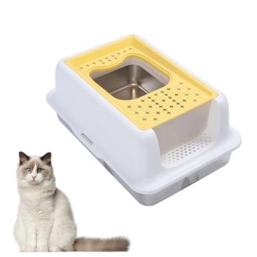 Imagem de Asixxsix Caixa de Areia de Aço Inoxidável Com Tampa, Lados Altos Caixa de Areia Extra Grande para Gatos Grandes, Caixas de Areia de Gato Fechadas, Controle de Odor, Fácil de Limpar (branco e amarelo)