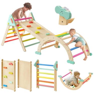 Imagem de Conjunto Tiny Land Pikler Triangle Set 7 em 1 Montessori Dobrável para Crianças - Playground de Madeira para Meninos e Meninas