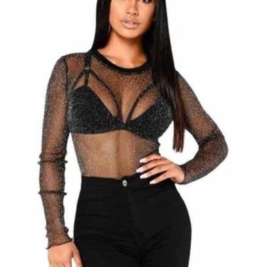 Imagem de Body  lurex Brilho Blusa Tule Plus Size Transparente  Estampas Xadrez 