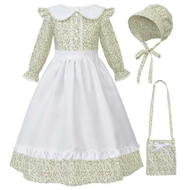 Imagem de JerrisApparel Fantasia de pioneira floral colonial pradaria com gorro roupa de brincar (verde, 6-7 anos/130 cm)