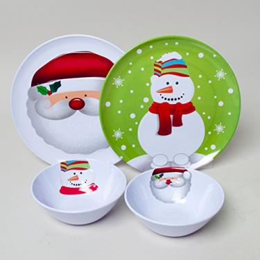 Imagem de Conjunto de 4 pratos de melamina em relevo de Natal/Férias de 25,4 cm e tigela de 16,5 cm: design de floco de neve e Papai Noel
