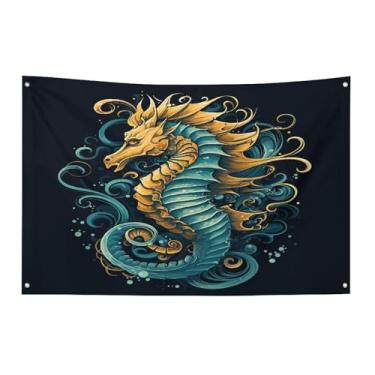 Imagem de Bandeira com quatro furos bandeiras para todos os climas cavalo marinho padrão azul impresso bandeira decorativa bandeiras de poliéster adequadas para uso interno e externo 89 x 159 polegadas