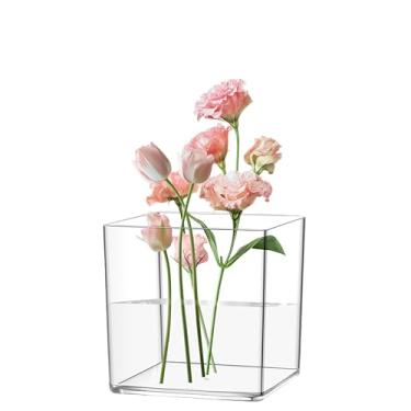 Imagem de Rospynn Vaso cilíndrico de acrílico, vaso grosso, plástico inquebrável, peça central decorativa para casa ou casamento, quadrado de 15 x 15 cm - transparente