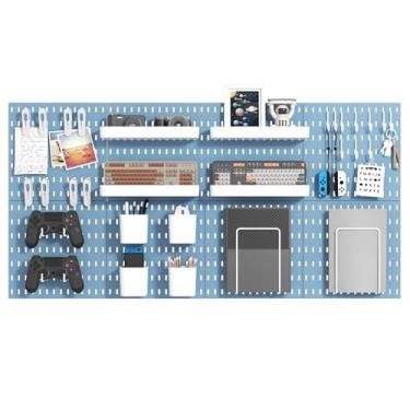Imagem de MULSAME Kit combinado de Pegboard, conjunto de armazenamento montado na parede com 8 quadros de pegboards e 32 acessórios para pendurar, organizador de quadros azuis para exibição de paredes