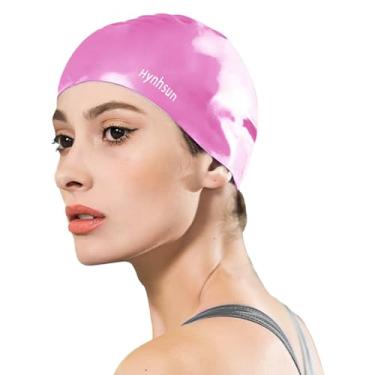 Imagem de Hynhsun Touca de natação de silicone unissex clássica para mulheres e homens, flexível, unissex, impermeável, treinamento intensivo, confortável, antiderrapante (rosa)