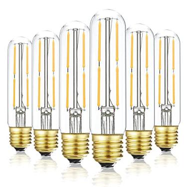 Imagem de Lâmpada LED T10, lâmpadas tubulares LED reguláveis 4W, equivalente a lâmpadas incandescentes de 40 watts, 400LM, branco macio 3000K, vidro transparente, lâmpada base E26, para armário de exibição etc. pacote com 6.
