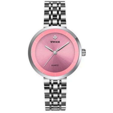 Imagem de Relógio Feminino De Quartzo Minimalista Pulseira De Aço Inoxidável A Prova D´agua Rosa Prata