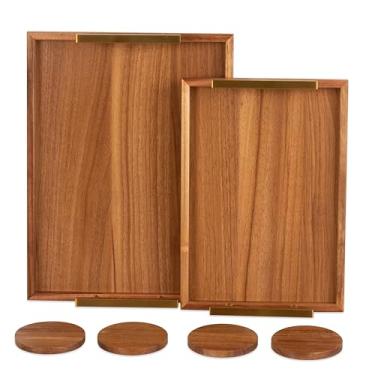 Imagem de Bandeja decorativa para servir otomana de madeira rústica (conjunto de 2), marrom acácia | alças de metal pretas elegantes | 4 porta-copos combinando | decoração de mesa de centro | Travessa de