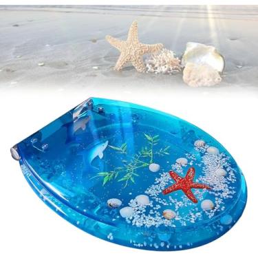 Imagem de Assento De Vaso Sanitário Azul, Assento De Vaso Sanitário De Fechamento Suave Dobradiças Ajustáveis Material De Resina Tampa Do Assento De Vaso Sanitário Liberaçã, Blue Dolphin