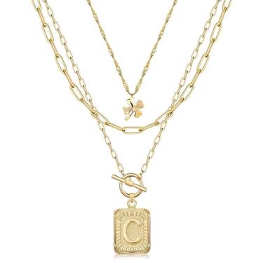 Imagem de MJartoria Colar com inicial em camadas para mulheres, moderno, banhado a ouro 14 K, gargantilha de trevo simples, pingente de letra quadrada, colar de corrente de clipe de papel, joias de ouro, one
