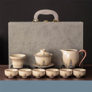 Imagem de Conjunto de chá de cerâmica chinesa - Bule de chá esmaltado artesanal | Kit de cerimônia do chá Gongfu tradicional para casa/escritório, amarelo claro