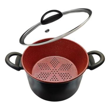 Imagem de Panela Caçarola Vapor Cuscuzeiro Antiaderente Tampa Vidro - RL, Preto