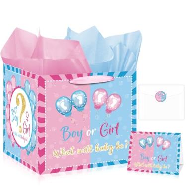Imagem de Allparty Bolsa de presente extragrande para revelação de gênero quadrada jumbo para meninos ou meninas com adesivo de cartão de papel de embrulho Envelope para decoração de chá de bebê rosa azul