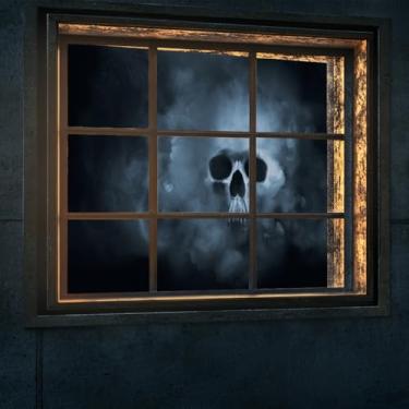 Imagem de Vie Savaran 2,1 x 1,5 m Caveira de terror no escuro cenário de fundo de esqueleto assustador de Halloween para casa assombrada, festa fantasma, parede, janela, porta, varanda, decoração interna e