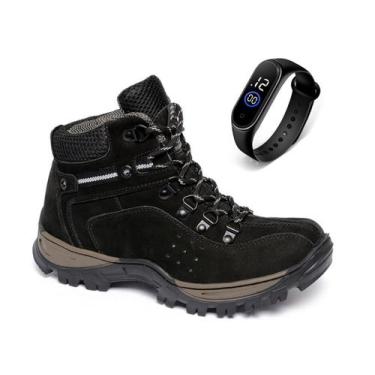 Imagem de Bota Coturno Masculino Couro Cano Médio Casual + Relógio Fino - Obstin