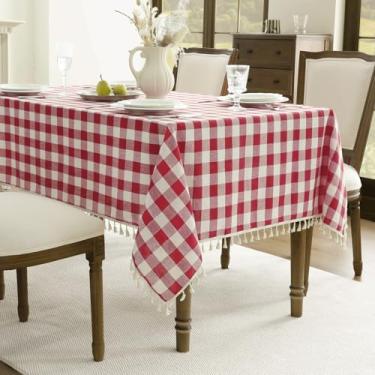 Imagem de Romanstile Toalha de mesa quadriculada quadrada, toalha de mesa de linho de algodão com borla, xadrez de búfalo sem rugas para decoração de festa de jantar - 139 x 139 cm, vermelha