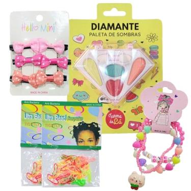 Imagem de Kit Infantil 5 Peças, Paleta de Sombras Diamante, Bico de Pato Hello Mini, Pulseira Acrílica, Elásticos para Cabelo