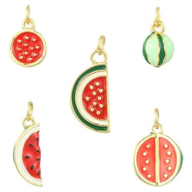 Imagem de UR URLIFEHALL 5 peças, 5 estilos, pingentes de melancia, esmaltados, de latão, banhado a ouro 18 K, pingentes de frutas de verão para fazer você mesmo, pulseira, colar, bijuteria