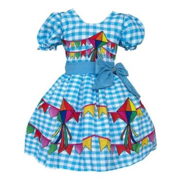 Imagem de Vestido Luxo Temático Infantil Festa Junina Xadrez Azul - Genérica, 1
