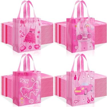 Imagem de Wesnoy 48 peças de sacolas de presente rosa para festa de meninas, reutilizáveis, não tecidas, rosa choque, guloseimas de doces a granel com alças, lembrancinha de festa de princesa para decoração de