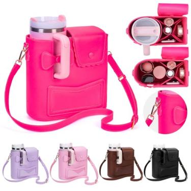 Imagem de Bolsa Stanley com suporte de copo com alça de ombro ajustável para uso ao ar livre, portátil, bolsa de armazenamento para garrafa de água, Vermelho rosa, Medium
