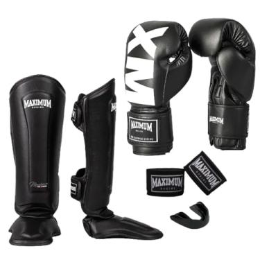 Imagem de Kit Luva de Boxe MXM Preto + Caneleira Muay Thai Classic Preto + Bandagem 3m + Protetor Bucal - Maximum (LUVA 16oz + CANELEIRA G)