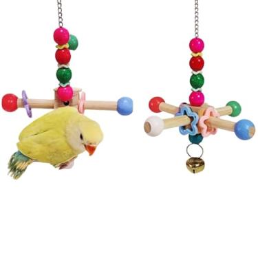 Imagem de Brinquedos giratórios de pássaros coloridos com sinos, brinquedos de mastigar de madeira natural para gaiola, acessórios de gaiola de pássaros mastigáveis para pendurar para calopsita, conure