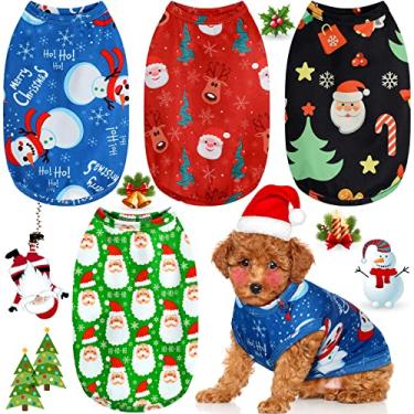Imagem de Camisa de Natal para cães, 4 peças, colete respirável para animais de estimação, colete de Papai Noel, Natal, boneco de neve, camiseta para cães, árvore de Natal, flocos de neve, roupas para cachorro para festa de Natal, suprimentos para cães pequenos (P)