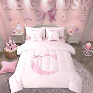 Imagem de Erosebridal Conjunto de edredom casal com laço rosa com inicial de 7 peças, monograma Coquete, letra C, presente de aniversário, cama em uma bolsa, decoração de quarto feminino exclusivo para mulheres
