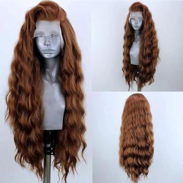 Imagem de ELESTY 13 x 4 perucas de cabelo castanho claro longo ondulado sintético frontal para mulheres peruca solta sem cola, sem cola, fibra resistente ao calor, onda de água, cosplay, perucas 61 cm