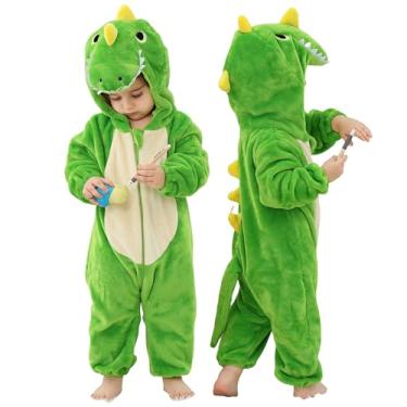 Imagem de MICHLEY Macacão unissex com capuz para bebês com capuz, vestido de animal para festa de Halloween, macacão de 0 a 4 anos, Dinossauro verde, 0-6 Months/Height:22"-27"