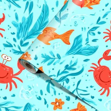 Imagem de HOMETITUTE Papel de parede do oceano removível 39.9 cm x 100.1 cm vinil caranguejo peixe algas marinhas autoadesivo crianças contato papel de parede decalque de parede para quarto de crianças armário