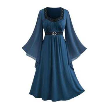 Imagem de Vestido feminino Rosegal plus size medieval renascentista gótico mangas sino ombro vazado crânios vestido de malha rosa vestido fantasia Halloween cosplay bruxa (Azul_2/2X)