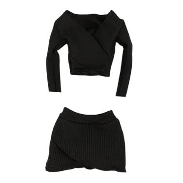 Imagem de Dynwave Top curto feminino em escala 1:6, saia curta, clássico, feito à mão, manga comprida, ajustado, para boneco de ação de 12 polegadas, acessório para, Preto