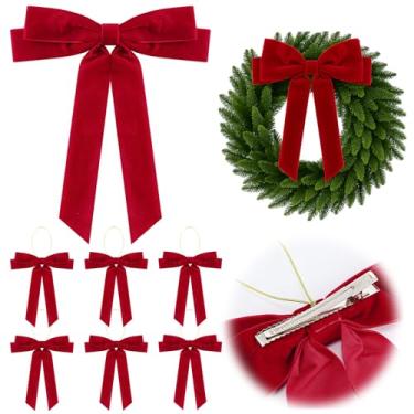 Imagem de Knitgrip 6 peças de laços de veludo vermelho de Natal 23,8 x 30,5 cm grandes laços de Natal com clipes e cordas penduradas decorações de árvore de Natal para festa em família, cerca, lareira, escadas