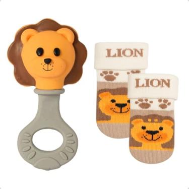 Imagem de Kit Chocalho Mordedor + Meias Algodão Confortável Recém-Nascido Bebê Infantil Brinquedo Sensorial (Marrom, 4-12 Meses)