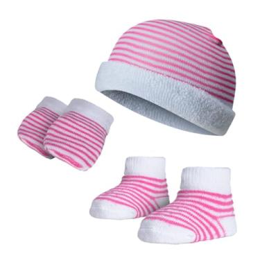 Imagem de Kit Touca, Meia e Luva Recém Nascido Algodão Atoalhado Maternidade Enxoval Bebe Dallf (Listra/Rosa, Recém Nascido)