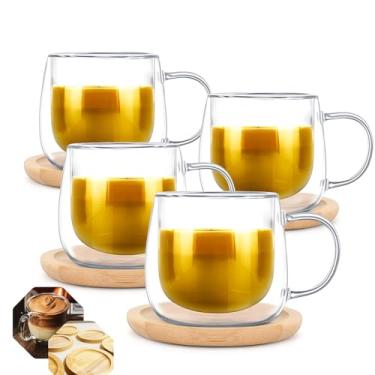 Imagem de CONJUNTO 4 XICARAS DE CAFÉ 80ML EM BOROSSILICATO DE PAREDE DUPLA COM 4 PIRES DE BAMBÚ ECOLÓGICO