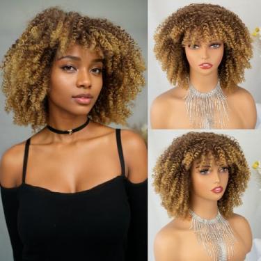 Imagem de MISS FANCY Perucas afro encaracoladas com franja para mulheres negras 25,4 cm loira curta cacheada crespo peruca sem cola sintética afro saltitante perucas completas para festas diárias
