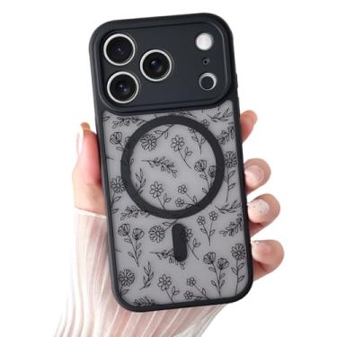 Imagem de Yeddabox Capa compatível com 17 Pro com MagSafe, capa preta floral 17 Pro para mulheres e meninas, capa fina à prova de choque macia TPU bumper rígida PC capa de telefone traseira - preto floral