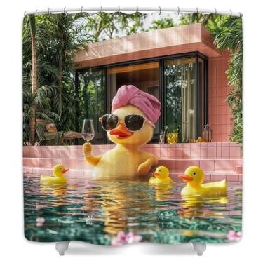Imagem de Hajmsug Cortina de chuveiro de pato amarelo engraçado desenho tropical animal de pato na banheira crianças meninos meninas kawaii cortina de banheiro plantas verdes tecido poliéster impermeável