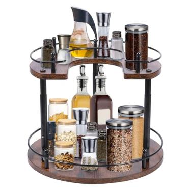 Imagem de Organizador Lazy Susan de 2 níveis, organização de especiarias rotativa ajustável em altura para cozinha, mesa giratória de 360°, suporte de temperos e temperos de madeira para armário de bancada de