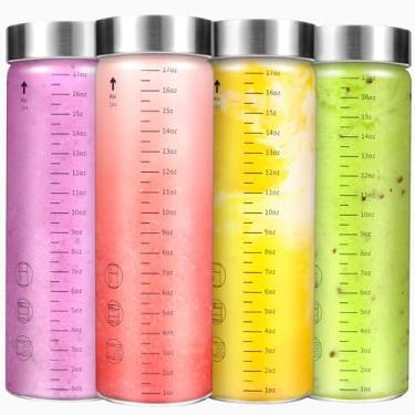Imagem de WXCWYQR Garrafas de suco de vidro com tampas, garrafas de água de vidro de boca larga de 510 g, para sucos, proteínas, vitaminas, leite, sem BPA, tampas de aço inoxidável, garrafas coqueteleiras