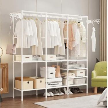 Imagem de Arara de Roupas Tripla Cabideiro Metálico Ajustável – Closet Aramado p/Quarto, Sapateira + Prateleira, Guarda-Roupa Casal Grande, Montagem Fácil (Branco)