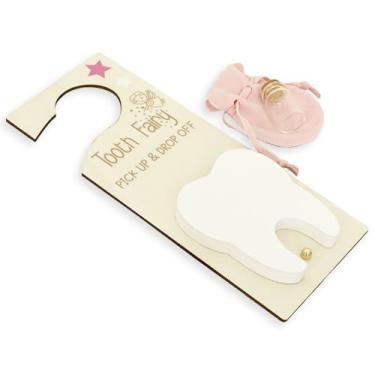 Imagem de Cabide de fada dos dentes de madeira exclusivo bolsa de suporte de fada de dente significativo recipiente para pendurar dentes de bebê memorável para crianças crianças (rosa)