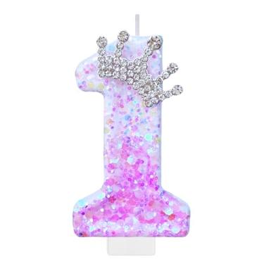 Imagem de Vela roxa número 1 de aniversário para bolo, topo de bolo com coroa roxa, decorações de festa de aniversário de princesa, enfeite de cupcake, lembrancinhas de festa, suprimentos de decoração