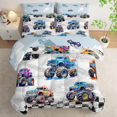 Imagem de AILONEN Jogo de cama casal colorido de 7 peças, com estampa de caminhões de desenho animado, cama com bandeira quadriculada em uma bolsa, edredom e lençol de cima, 2 fronhas, 2 fronhas